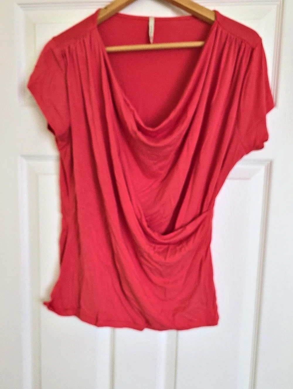 Coral Red Draped Neck Short Sleeve Top Like New